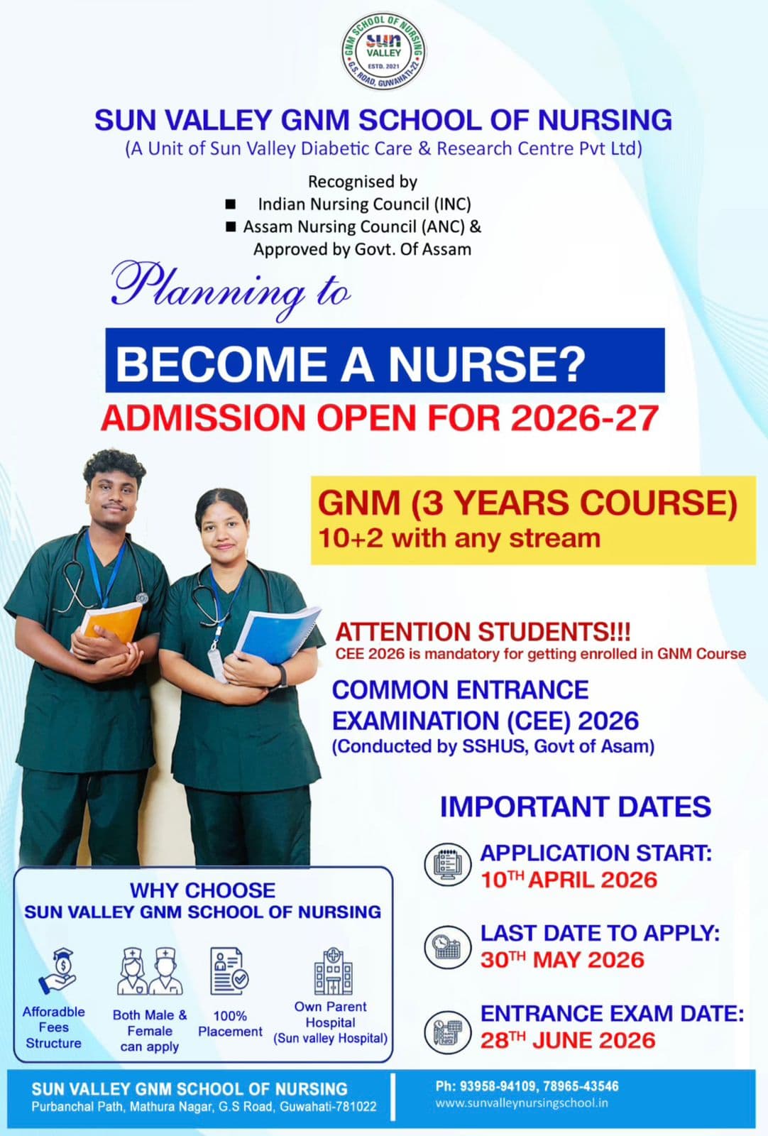 Sun Valley GNM School of Nursing admission open poster for 2026-27